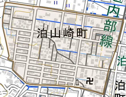 泊山崎町とその周辺の地図。町の範囲を重ねている