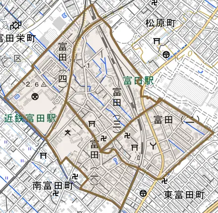 富田とその周辺の地図。町の範囲を重ねている