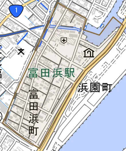 富田浜町とその周辺の地図。町の範囲を重ねている