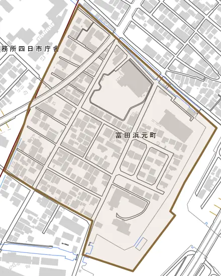 富田浜元町とその周辺の地図。町の範囲を重ねている