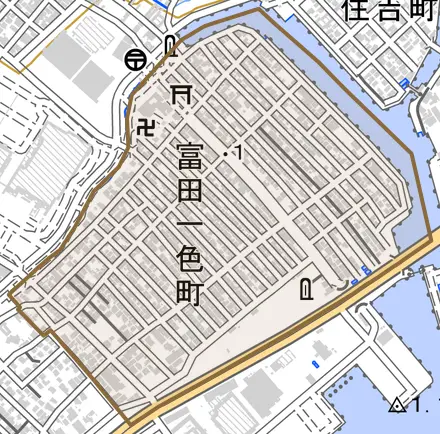 富田一色町とその周辺の地図。町の範囲を重ねている