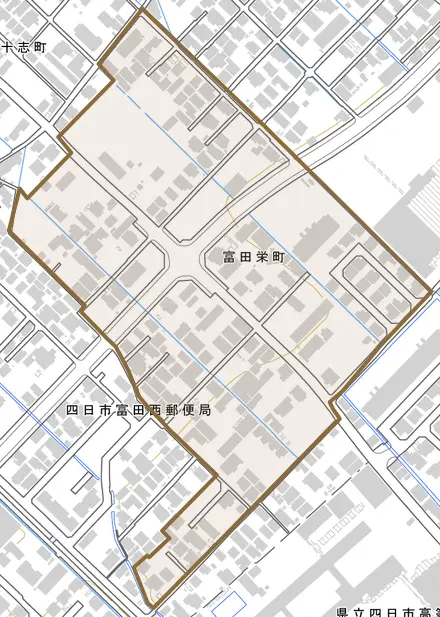 富田栄町とその周辺の地図。町の範囲を重ねている