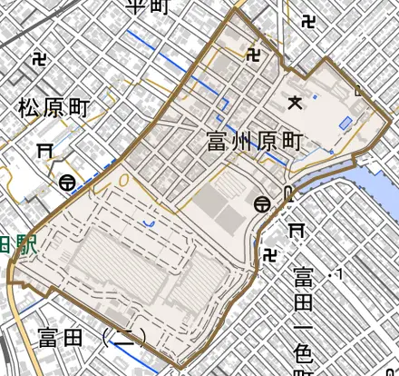 富州原町とその周辺の地図。町の範囲を重ねている