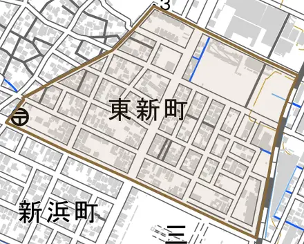東新町とその周辺の地図。町の範囲を重ねている