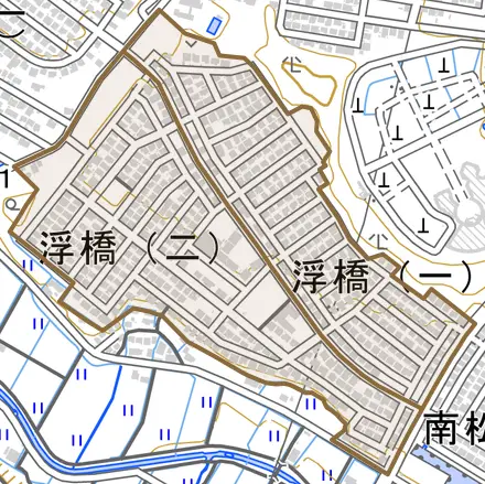 浮橋とその周辺の地図。町の範囲を重ねている