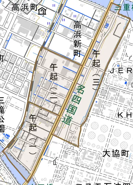 午起とその周辺の地図。町の範囲を重ねている