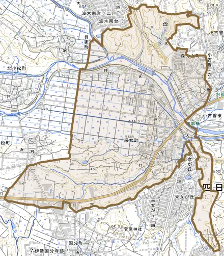釆女町とその周辺の地図。町の範囲を重ねている