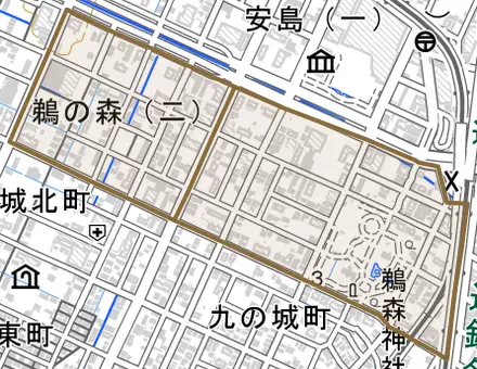 鵜の森とその周辺の地図。町の範囲を重ねている