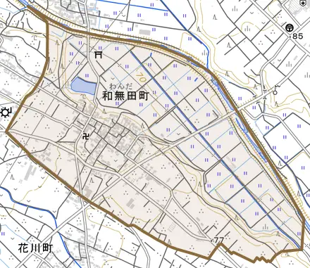 和無田町とその周辺の地図。町の範囲を重ねている