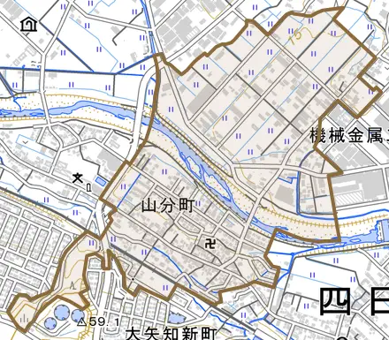 山分町とその周辺の地図。町の範囲を重ねている