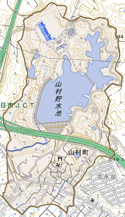 山村町とその周辺の地図。町の範囲を重ねている