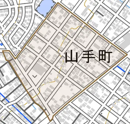 山手町とその周辺の地図。町の範囲を重ねている