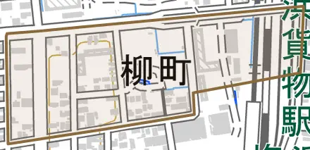 柳町とその周辺の地図。町の範囲を重ねている
