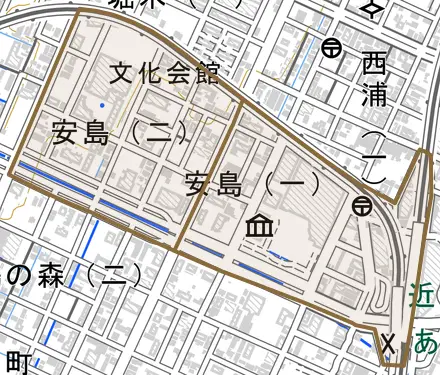 安島とその周辺の地図。町の範囲を重ねている