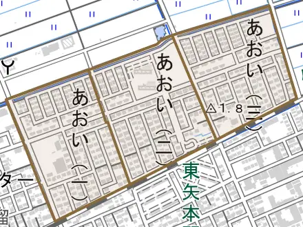 あおいとその周辺の地図。町の範囲を重ねている