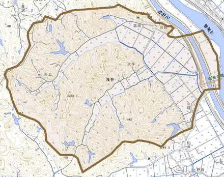 浅井とその周辺の地図。町の範囲を重ねている