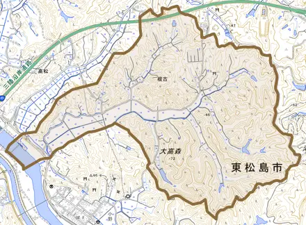 根古とその周辺の地図。町の範囲を重ねている