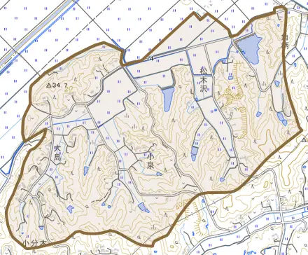 大塩とその周辺の地図。町の範囲を重ねている