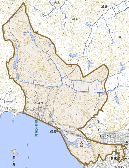 大塚とその周辺の地図。町の範囲を重ねている