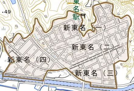 新東名とその周辺の地図。町の範囲を重ねている