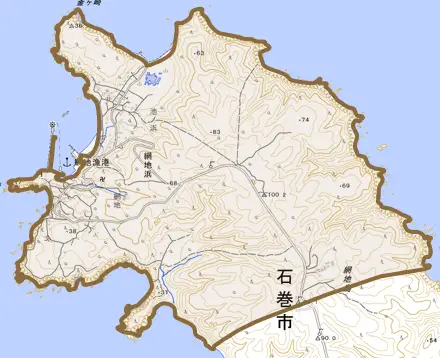 網地浜とその周辺の地図。町の範囲を重ねている
