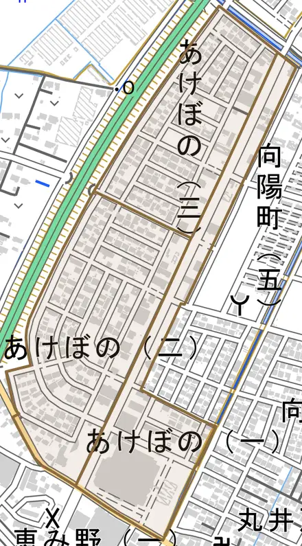 あけぼのとその周辺の地図。町の範囲を重ねている