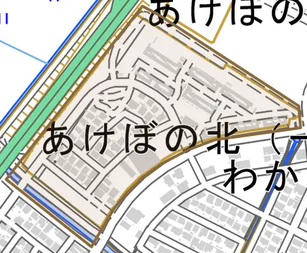 あけぼの北とその周辺の地図。町の範囲を重ねている
