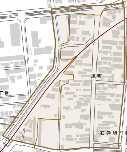 旭町とその周辺の地図。町の範囲を重ねている