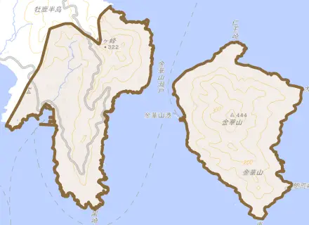 鮎川浜とその周辺の地図。町の範囲を重ねている