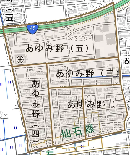 あゆみ野とその周辺の地図。町の範囲を重ねている