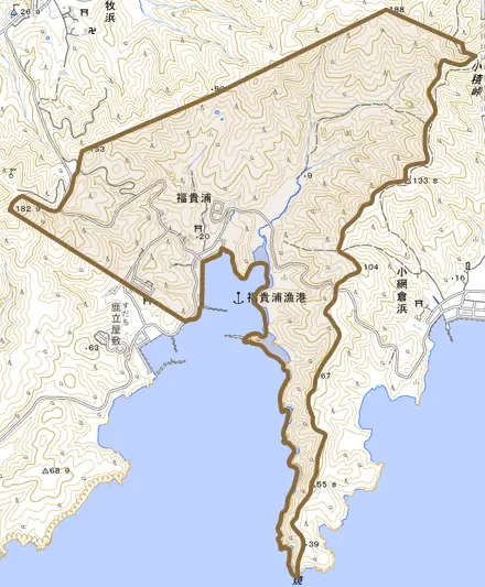 福貴浦とその周辺の地図。町の範囲を重ねている