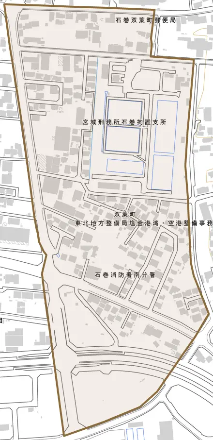 双葉町とその周辺の地図。町の範囲を重ねている