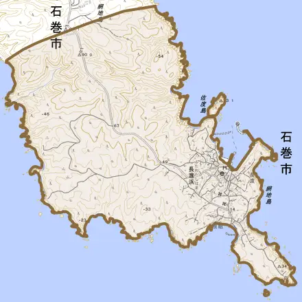 長渡浜とその周辺の地図。町の範囲を重ねている
