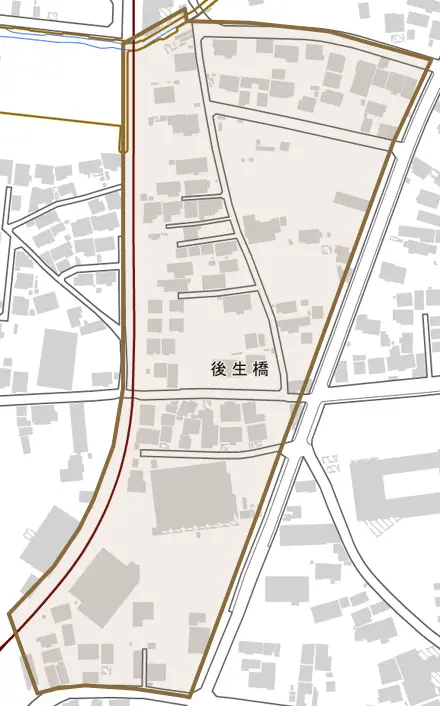 後生橋とその周辺の地図。町の範囲を重ねている