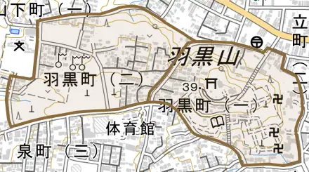 羽黒町とその周辺の地図。町の範囲を重ねている