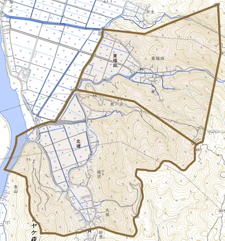 東福田とその周辺の地図。町の範囲を重ねている