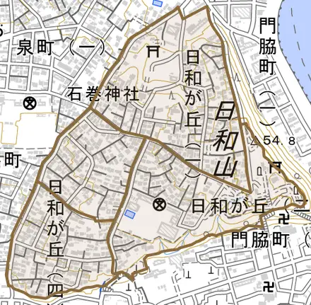 日和が丘とその周辺の地図。町の範囲を重ねている
