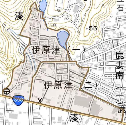 伊原津とその周辺の地図。町の範囲を重ねている