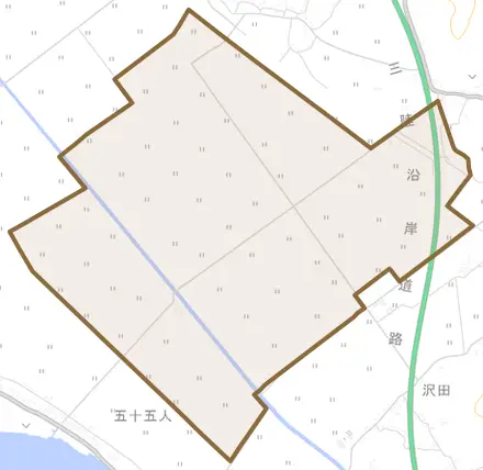 飯野とその周辺の地図。町の範囲を重ねている