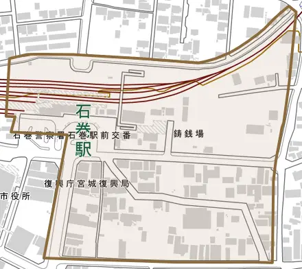 鋳銭場とその周辺の地図。町の範囲を重ねている