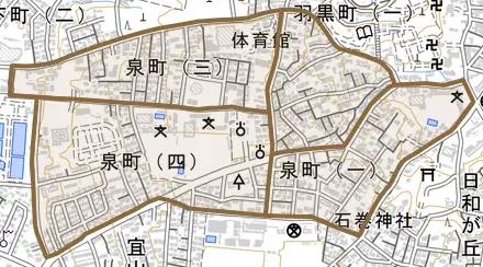 泉町とその周辺の地図。町の範囲を重ねている