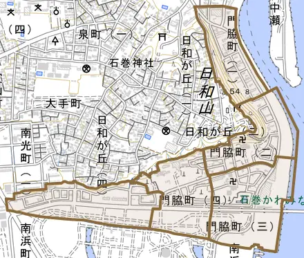 門脇町とその周辺の地図。町の範囲を重ねている