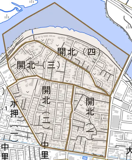 開北とその周辺の地図。町の範囲を重ねている