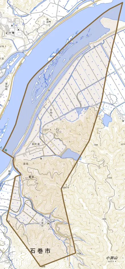釜谷とその周辺の地図。町の範囲を重ねている