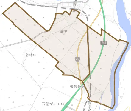 鹿又とその周辺の地図。町の範囲を重ねている
