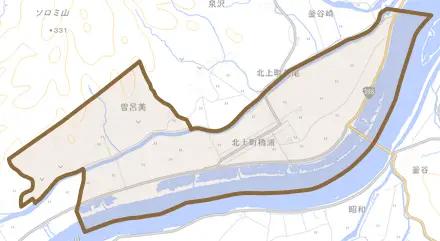 北上町橋浦とその周辺の地図。町の範囲を重ねている