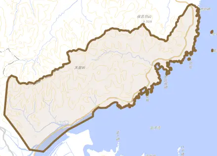 北上町十三浜とその周辺の地図。町の範囲を重ねている