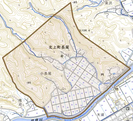 北上町長尾とその周辺の地図。町の範囲を重ねている