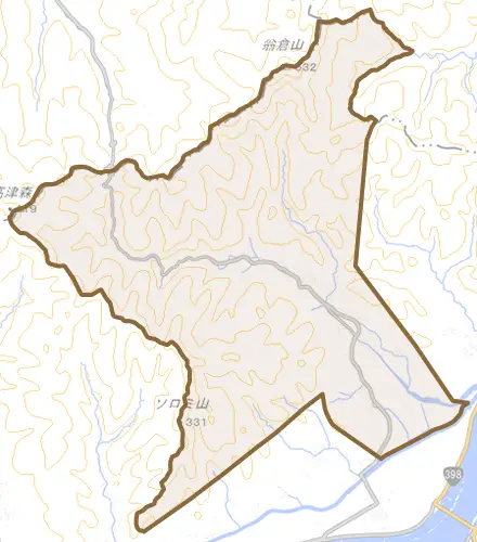 北上町女川とその周辺の地図。町の範囲を重ねている