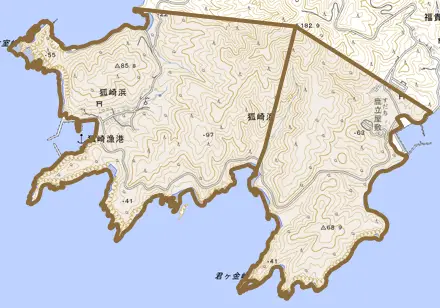 狐崎浜とその周辺の地図。町の範囲を重ねている